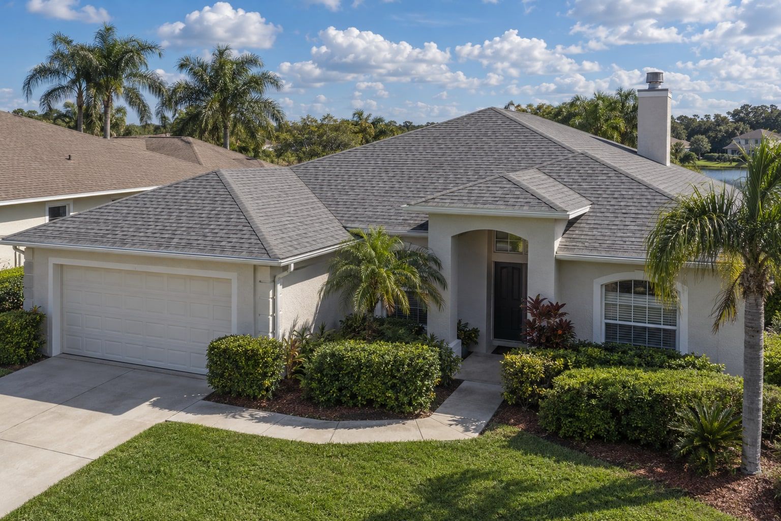 A single-storey suburban house seen from a low aerial angle, with a grey shingle roof, a stucco chimney with a metal cap and palm trees under a blue sky