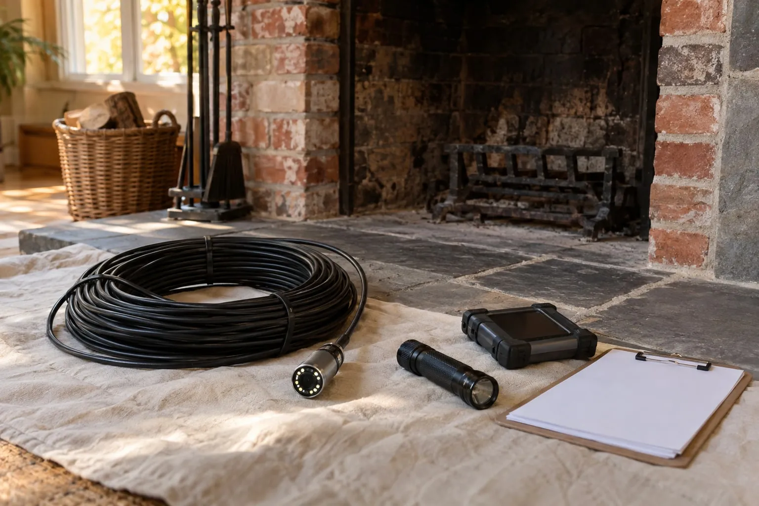 A coiled inspection camera cable, a flashlight and a clipboard on a dust sheet in front of a brick fireplace