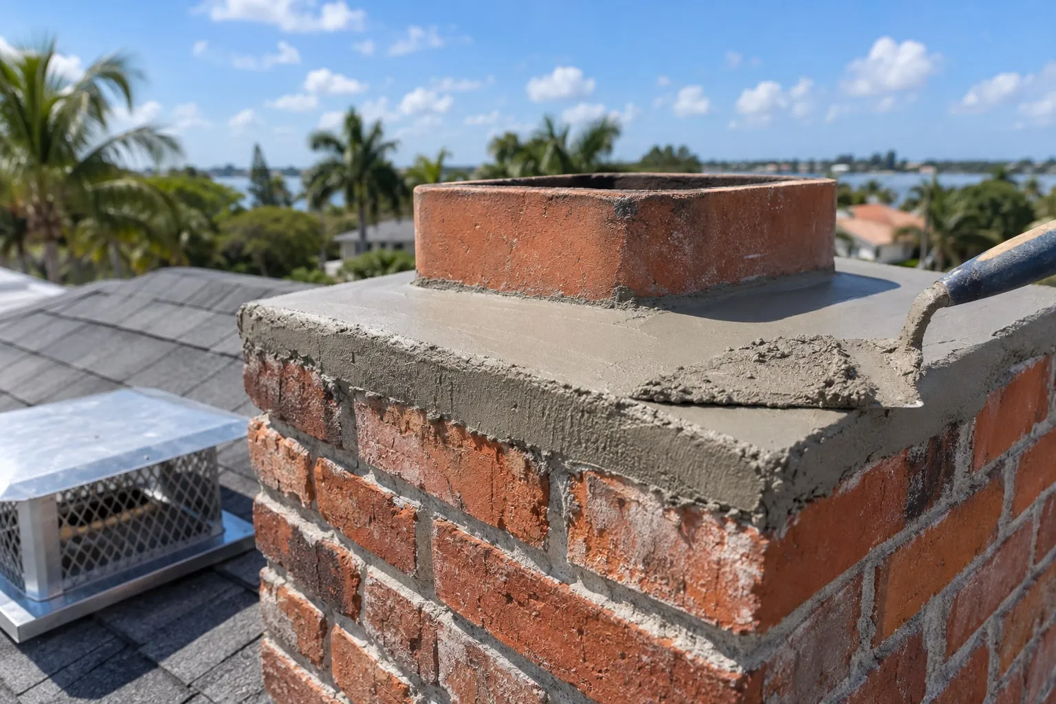 A mason's trowel resting on a fresh grey mortar crown at the top of a red brick chimney
